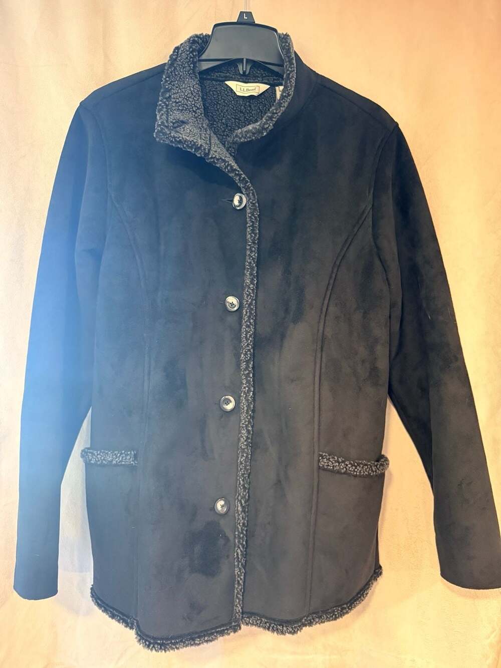 LL Bean Faux Suede Shearling Sherpa Lined Jacket Size L Black